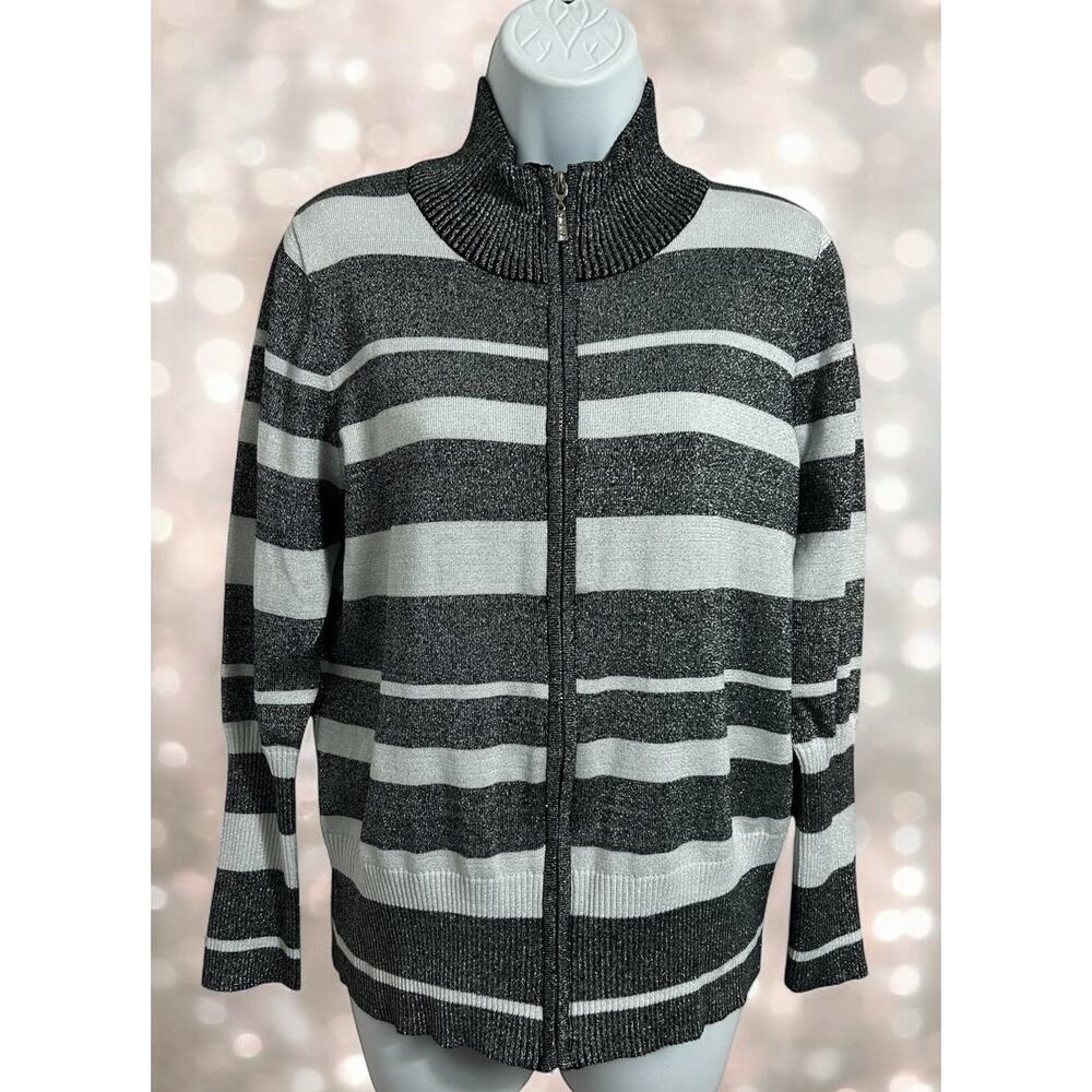 Questions Metallic Cardigan Sweater Sz Petite Large Striped Black White Full Zip